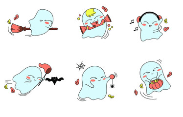 Set of funny kawaii ghosts. Fly on a broomstick, pumpkin basket for sweets, a spider with a cobweb, dance with headphones, a big candy, catch a net, a bat. Funny positive emotions for Halloween.
