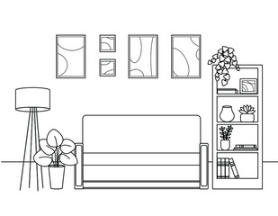 Contour, silhouette of the living room, sofa, paintings, shelving, flowers. Cute simple coloring book, vector illustration.