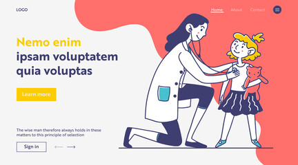 Doctor examining little patient. Toddler girl with toy visiting practitioner flat illustration. Childhood, health, examination concept for banner, website design or landing web page