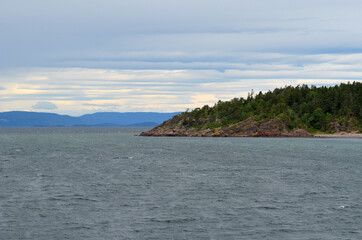 Fototapeta premium Typical Swedish nature and houses on the shore of the fjord. View from the high bridge over the fjord. The border of Norway and Sweden.Near the town Selater,Sweden