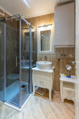 Interior of a bathroom in hotel apartment building