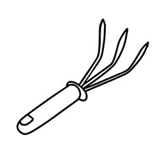 Garden rake isolated on white background. Rake for the garden. Tools for earthworks and plant transplants. Vector illustration in Doodle style