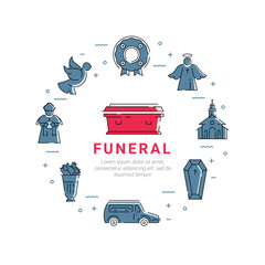 Funeral service icon set in linear style.