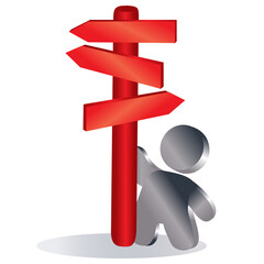 man stands next to a red pillar with pointers in different directions, symbol, isolated object on a white background, vector illustration,