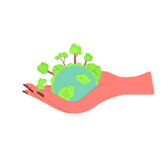 Female hand holds a planet with plants. Vector illustration, flat cartoon design, eps 10. Concept: protect the planet, nature.