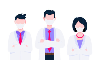 Successful team of medical employee doctors with face masks vector illustration isolated on white background. Three hospital or medic clinic staff doctors standing up with equipment.