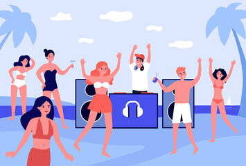 Young people at beach party flat vector illustration. Cartoon man and woman drinking cocktails, dancing and relaxing with DJ music. Friendship and summer vacation concept