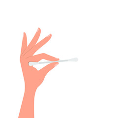 Hand holds a cotton swab. Vector illustration, flat cartoon design, eps 10.
