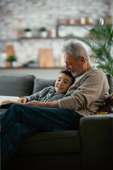 Grandfather and grandson reading a book. Grandpa and grandson enjoying at home.	