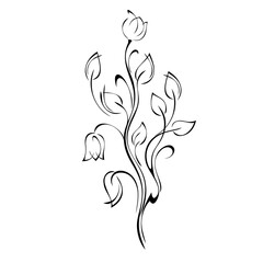 ornament 1209. stylized twig with flower buds, leaves and curls in black lines on a white background