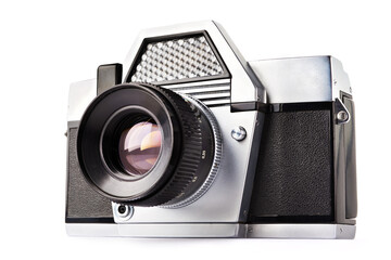 Old vintage photo SLR camera isolated white