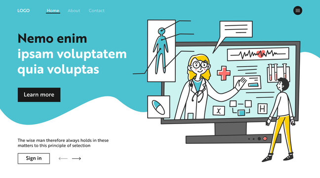 Patient consulting his practitioner online. Man talking to doctor on monitor, using app flat illustration. Health, support, healthcare concept for banner, website design or landing web page