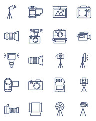 Photography equipment line icons set. Digital cameras on tripods, video cam, backdrop, lighting. Thin vector icon collection for photo studio, photography, technology concept