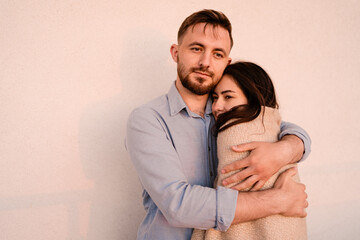 Portrait lovely couple hugging each other, enjoying time together. Emotional moments