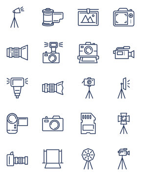 Photography equipment line icons set. Digital cameras on tripods, video cam, backdrop, lighting. Thin vector icon collection for photo studio, photography, technology concept