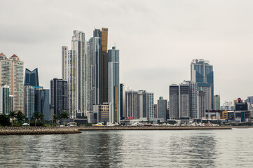 Fototapeta na wymiar Panama City skyscrapers skyline Panama financial distict on cloudy day