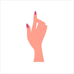 Finger clicks, points. Vector illustration: female hand with outstretched forefinger. Concept: show something, push a button, swipe the screen, set the sequence of actions.