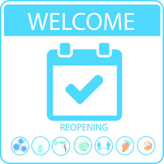REOPENING text and practical prevention tips for the prevention of COVID19 coronavirus contamination. Service, restaurant, shop and cafe re-opening. Template: door sign, banner, blog.
Check mark