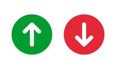 green up and red down arrows, round solid vector signs