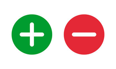 green plus and red minus symbols, round solid vector signs - obrazy, fototapety, plakaty