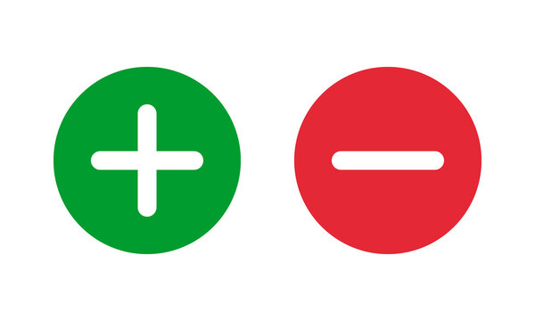 green plus and red minus symbols, round solid vector signs