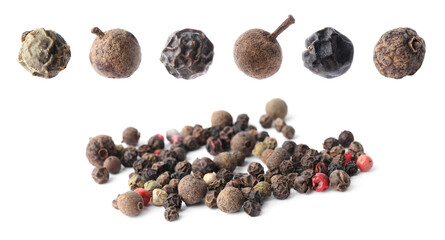Set of different peppercorns on white background. Banner design
