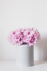 Beautiful bouquet of fresh pink peony flowers in full bloom in vase.