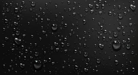 Condensation water drops on black glass background. Rain droplets with light reflection on dark window surface, abstract wet texture, scattered pure aqua blobs pattern Realistic 3d vector illustration - obrazy, fototapety, plakaty