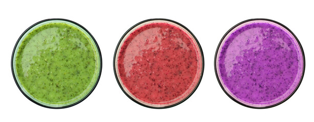 Set of different fresh tasty smoothies on white background, top view. Banner design