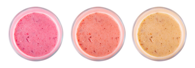 Set of different fresh tasty smoothies on white background, top view. Banner design