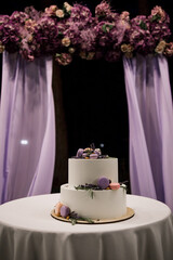wedding cake near the arch in the evening
