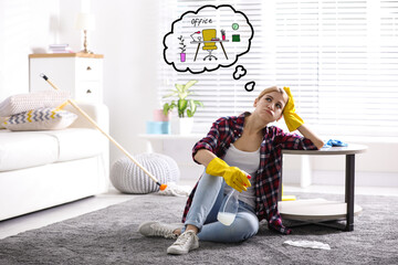 Housewife dreaming about new job at home. Concept of balance between life and work