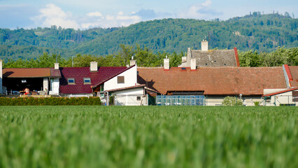 View of the village of Bohunovice, Czech Republic. Fields, mountains, buildings.