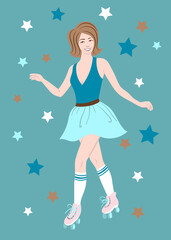 Roller skating girl on roller rink illustration. Retro card with stars