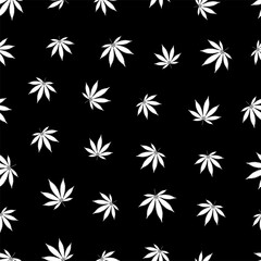 Cannabis seamless pattern. Marijuana leaf, white weed plant. Hashish texture, isolated black background. Hemp psychedelic grass. Fabric print for medical wallpaper. Simple design Vector illustration
