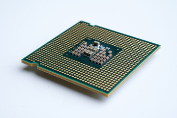Close-up of modern CPU Chip Processor for tech science background. Selective Focus.
