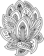 Black and white lotus flower, asymmetrical graphic pattern.