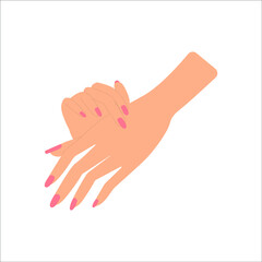 Two female hands in a gesture of stroking or applying to the skin. Vector illustration, flat cartoon, eps 10. Concept: hand care product, cream, skin nutrition, protection of hands from harmful substa