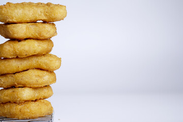 Chicken nuggets composition on white background. Copy space for text.
