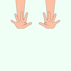 Hand gesture from himself symbolizing refusal, termination, protection. Vector illustration, flat cartoon, eps 10. 
