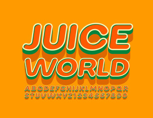Vector bright emblem Juice World with Retro Style Font. 3D Trendy Alphabet Letters and Numbers