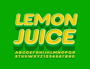 Vector delicious sign Lemon Juice with Trendy Font. 3D Retro Alphabet Letters and Numbers