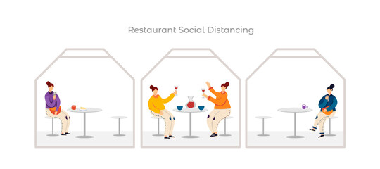 Social distancing in restaurant flat vector illustration. People in separate booths. Safe cafe access and keep distance concept. Women with vine and coffee. For banner and posters.