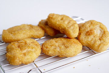 Chicken nuggets composition on white background. Copy space for text.
