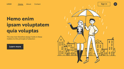 Girl and guy walking with umbrella in rain. Young couple walking with parasol flat illustration. Weather, protection, climate concept for banner, website design or landing web page