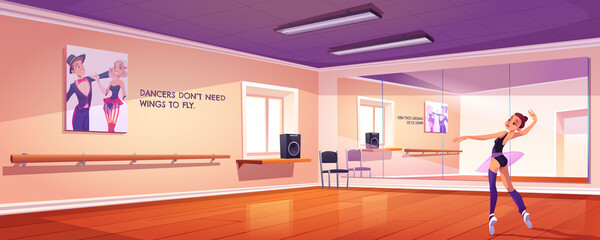 Ballerina dance in studio, ballet class with mirrors and wooden floor. Dancer girl rehearsal lesson in room with wall handrails and artist banners, training practice, cartoon vector illustration