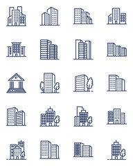 City buildings thin line icons set. Outline skyscrapers, residential apartments and hotels isolated vector illustration collection. Condominium and urban architecture concept