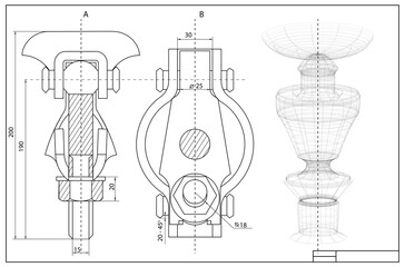 Mechanical engineering drawing and 3d sketch as background