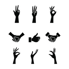 Set of hand gestures, black silhouette, vector. Concept: finger count, gesture all right, handshake, thumb up, support something.
