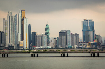 Construction boom in Panama City. Skyline of Panama City on a cloudy day with modern buildings. View from Cinta Costera